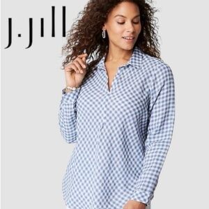 J. Jill Love Linen Blue Checker Gingham Popover Tunic Blouse V-Neck Size Medium